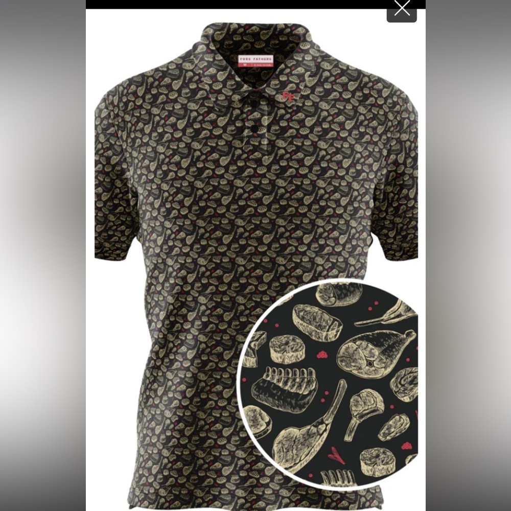 Fore Fathers Golf Polo Mens M Black Gray Steaks Meats Grilling BBQ Stretch